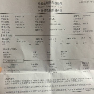 大夫你好,今天取回唐氏筛查结果单,21号染色体